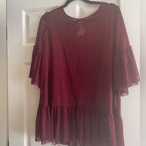 Pleione Burgundy Women's 3/4 Sleeve Top Swiss Dot Ruffle Blouse Tunic - Size L